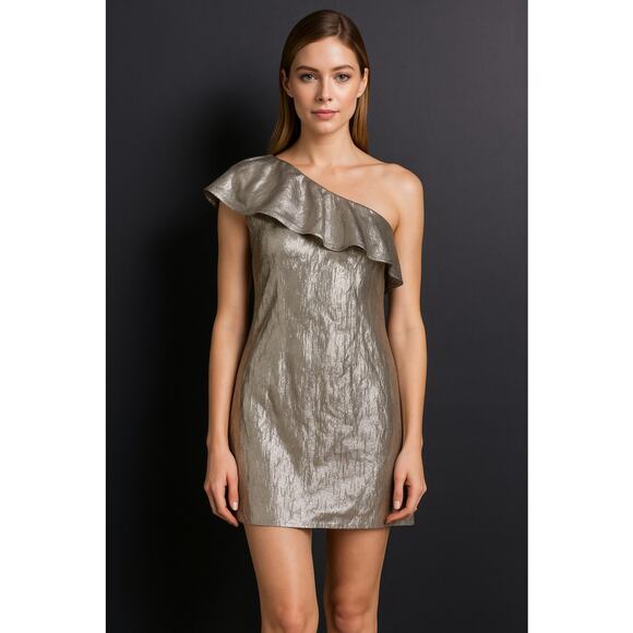 Rachel Zoe Silver One Shoulder Metallic Silk Blend Mini Dress 2 - Picture 1 of 8